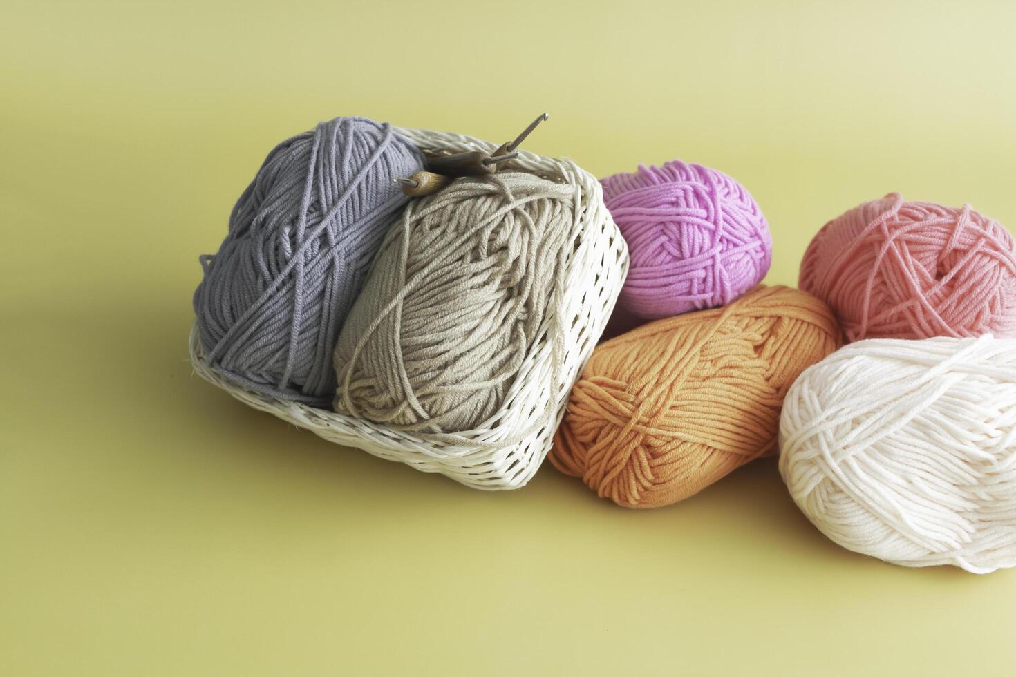 Group of colorful Yarn ball put on background photo