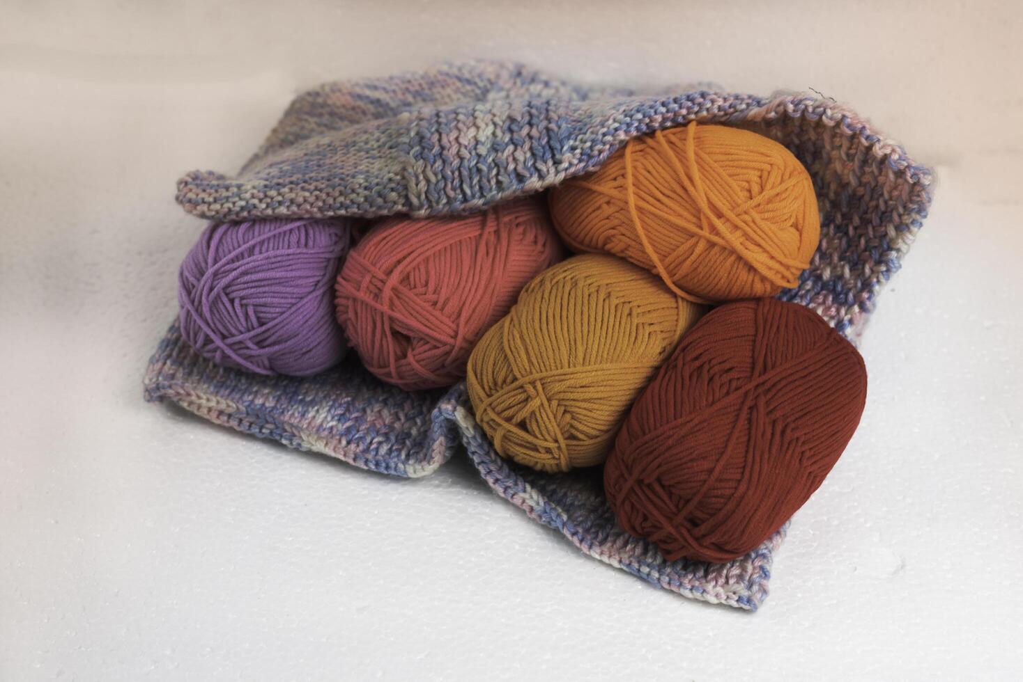 Colorful yarn balls put in crochet bag, photo
