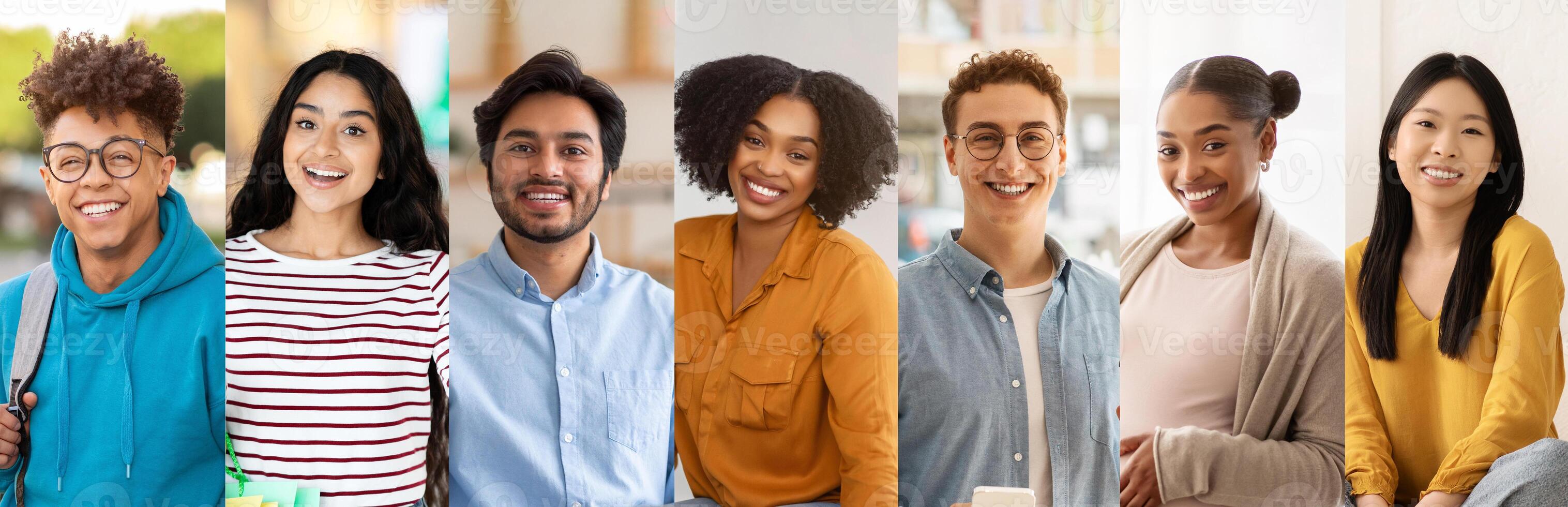 A cheerful gathering of diverse young adults stands together in a well-lit indoor space, each displaying bright smiles and casual attire, showcasing a sense of unity and friendship. photo