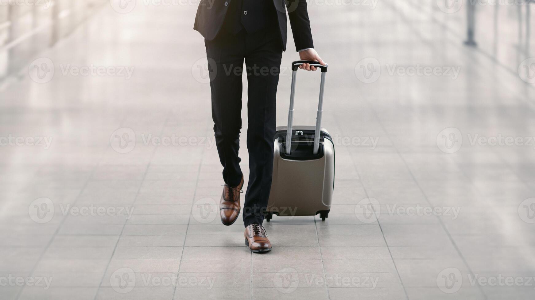 Business Trip Concept. Unrecognizable Businessman Moving To Terminal Gate At Airport, Front View. Free space photo