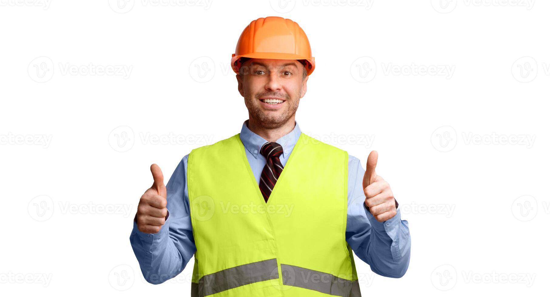 Cheerful Construction Worker Gesturing Thumbs-Up Posing On White Studio Background, Smiling To Camera. Great Repair And Building Service Advertisement Concept. Panorama photo