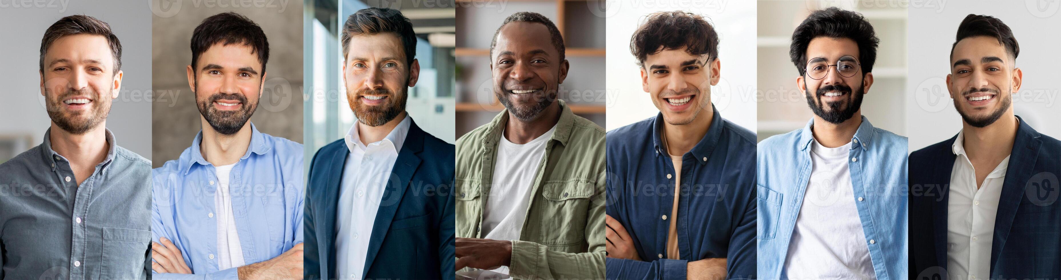Seven men of varying backgrounds stand together, smiling confidently in a modern office space. Their expressions convey a sense of teamwork and positive collaboration during the day. photo
