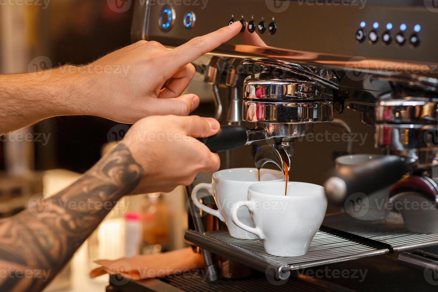 Unrecognizable Barista Preparing Espresso Using Coffee-Machine Working In Coffee Shop. Closeup, Cropped photo