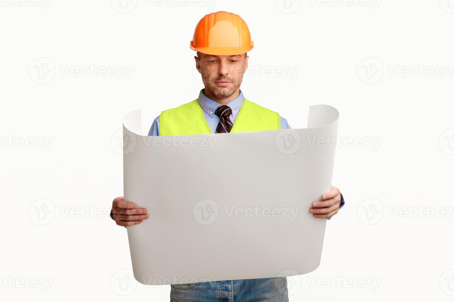 Building Engineer Man Holding House Project Plan Posing Over White Background. Studio Shot photo