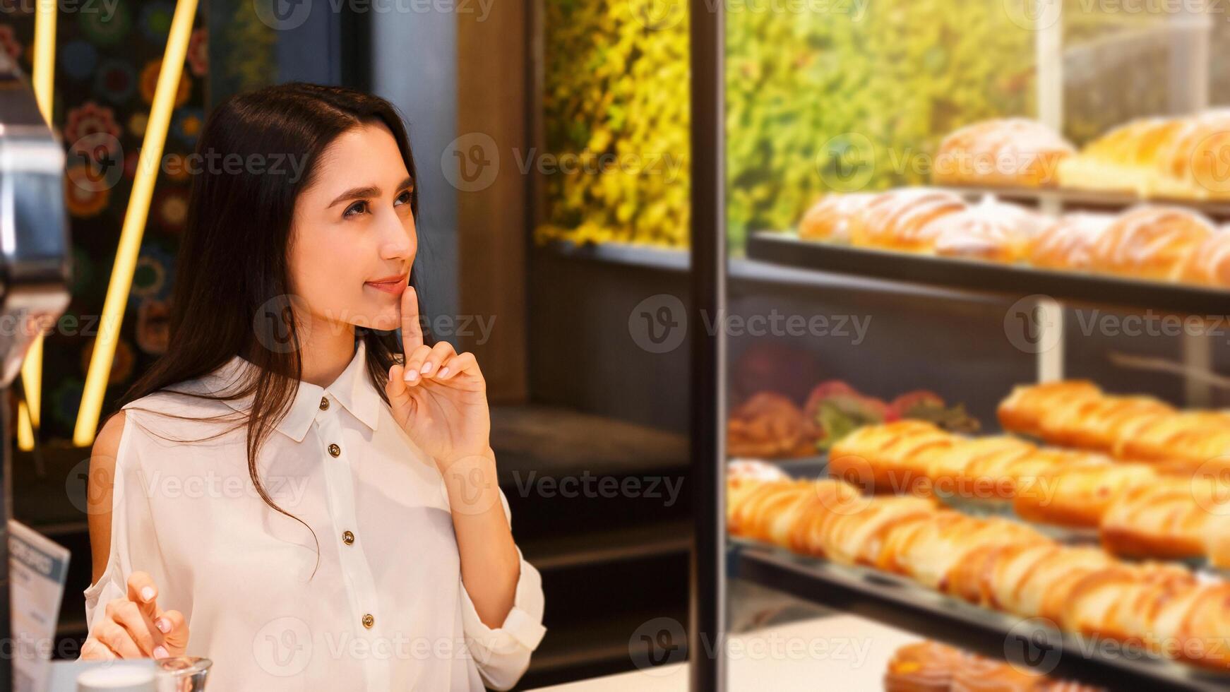Barista Helping Client Girl Choose Coffee Drink Standing At Bar Counter In Cafe. Selective Focus photo