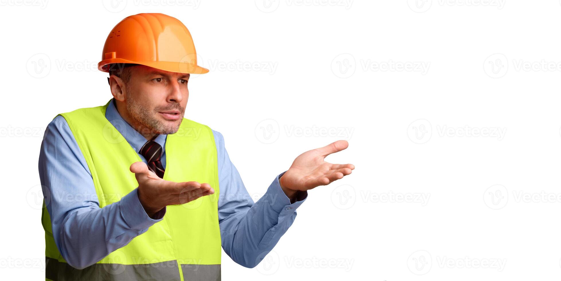 Building Problem Concept. Discontented Construction Worker Builder Gesturing Emotionally Aside At Empty Space For Text Posing Over White Studio Background, Panorama photo