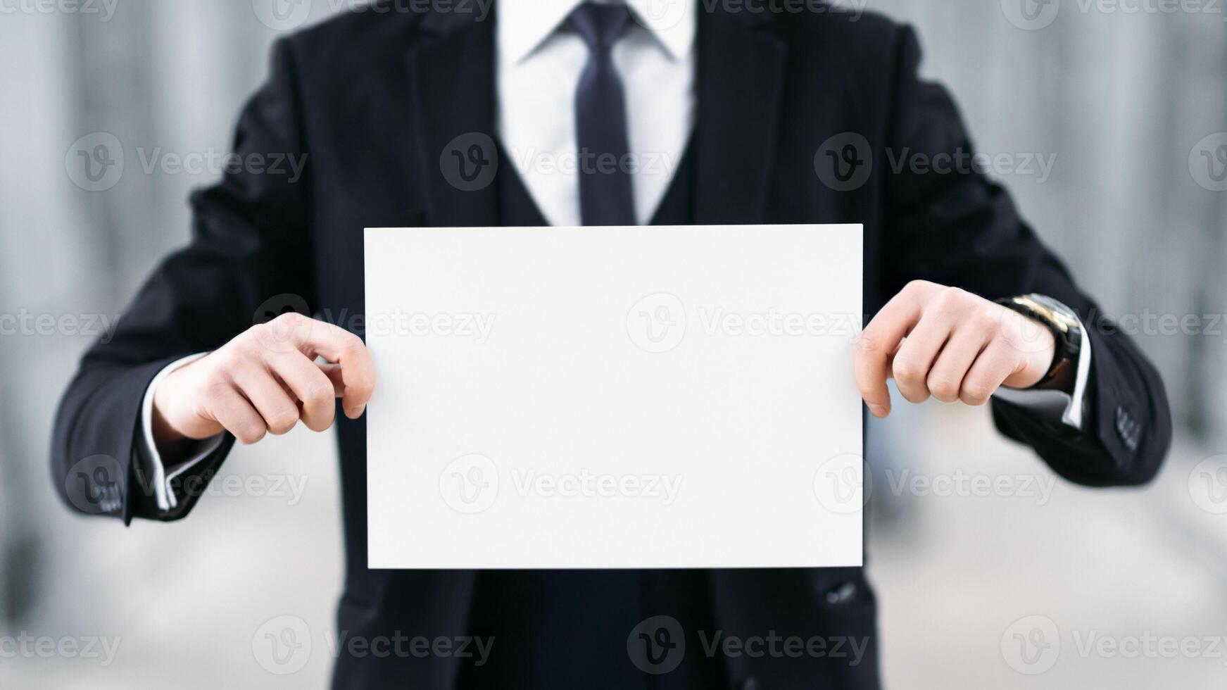 Waiting For You Concept. Empty name board in hands of meeting man in suit at airport, copy space photo