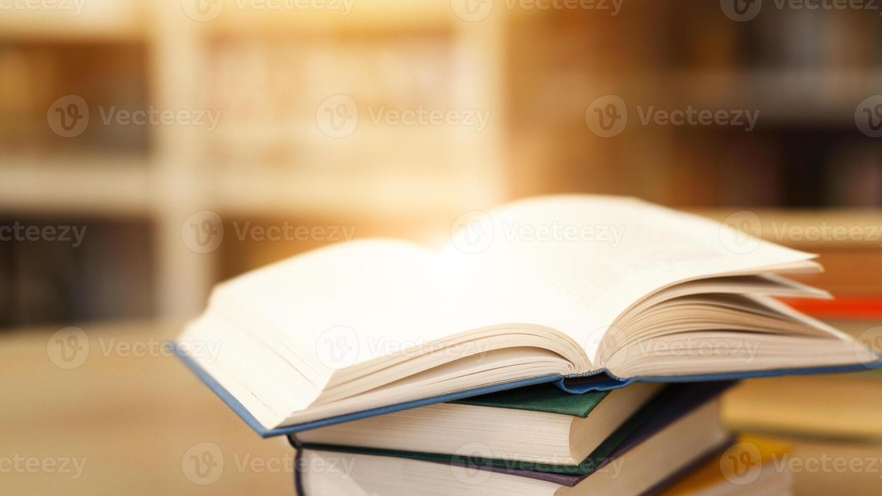 Library Lovers Month. Side view of opened manual with blank pages lying on a stack of books on wood desk. Selective focus photo