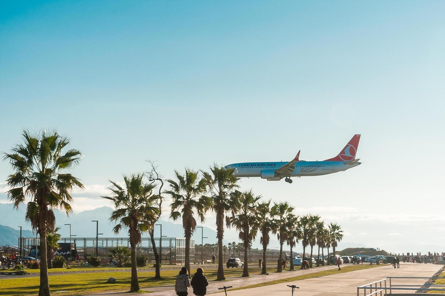 Batumi, Georgia, January 24, 2024, airport in the Georgian city of Batumi, plane landing. View of the landing of a passenger plane among palm trees at the airport in the city of Batumi. photo
