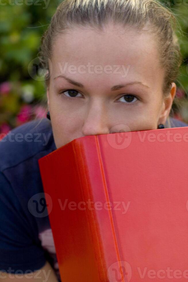 woman with red book photo