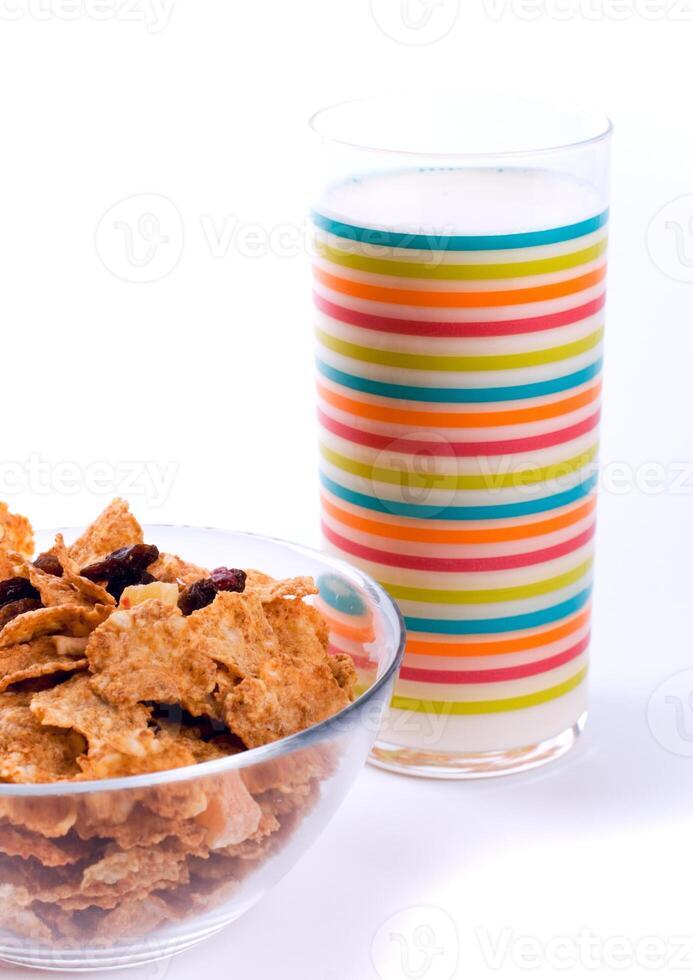 cornflakes and glass of milk photo