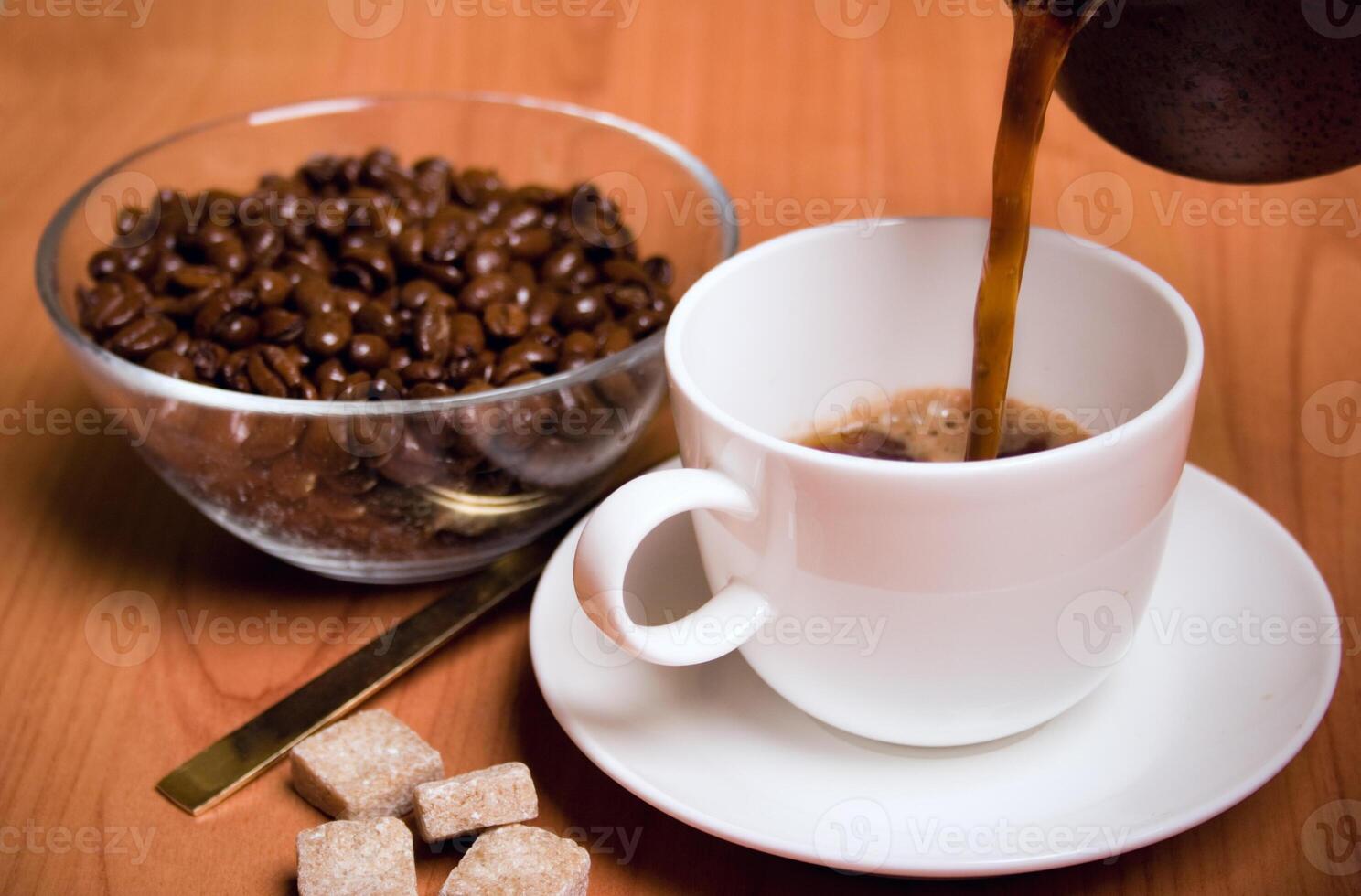 cup of coffee, sugar and beans photo