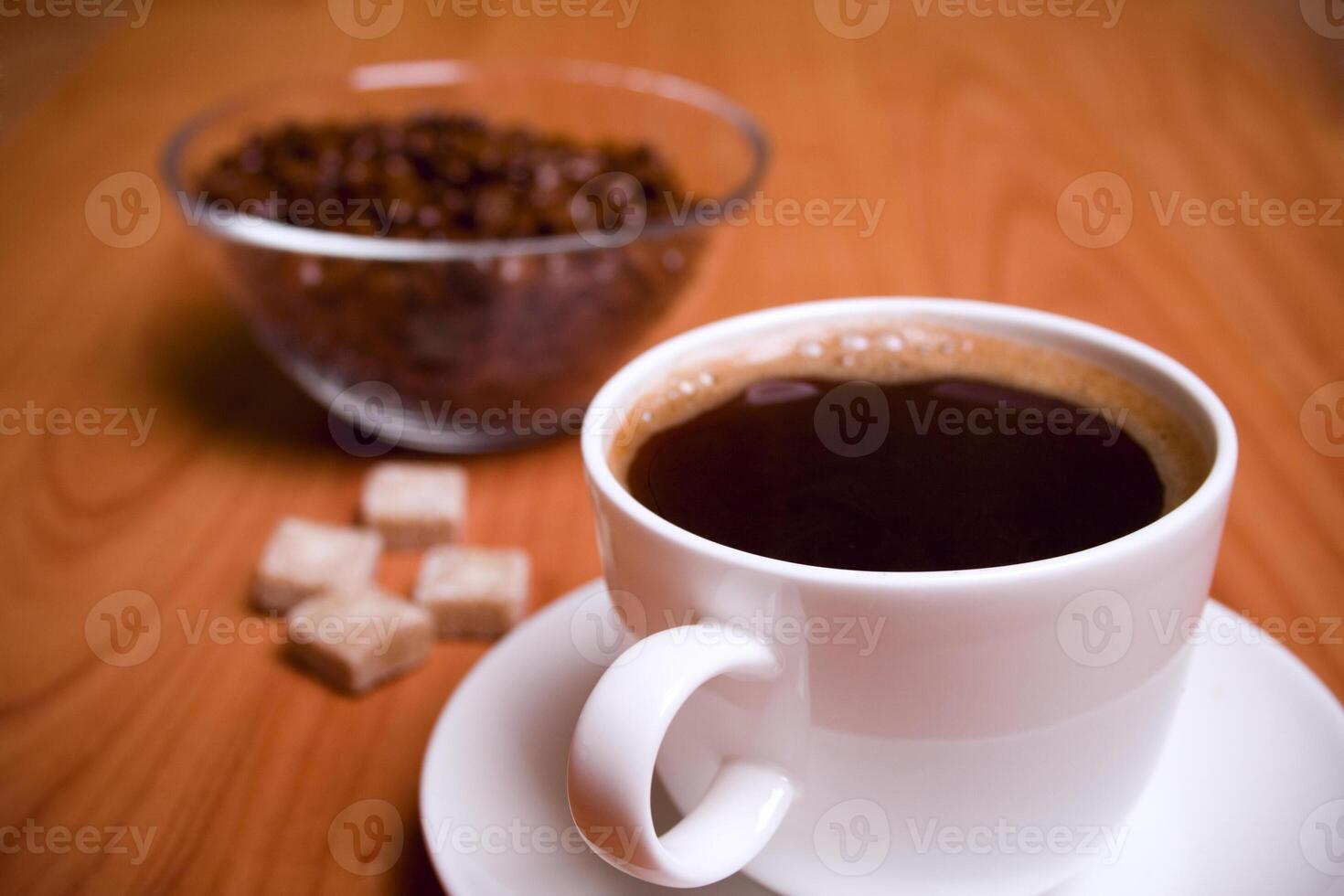 cup of coffee, sugar and beans photo