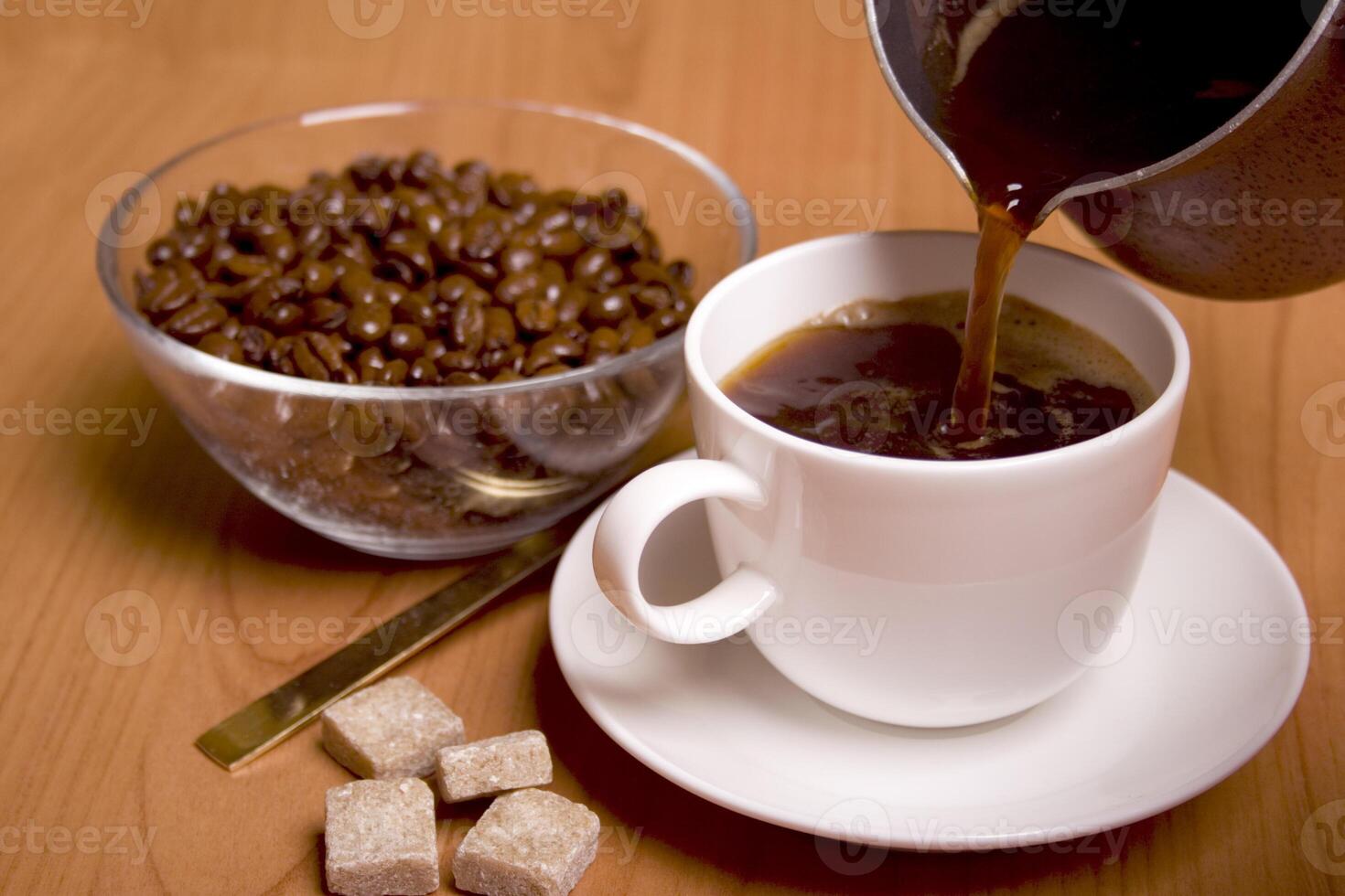 cup of coffee, sugar and beans photo