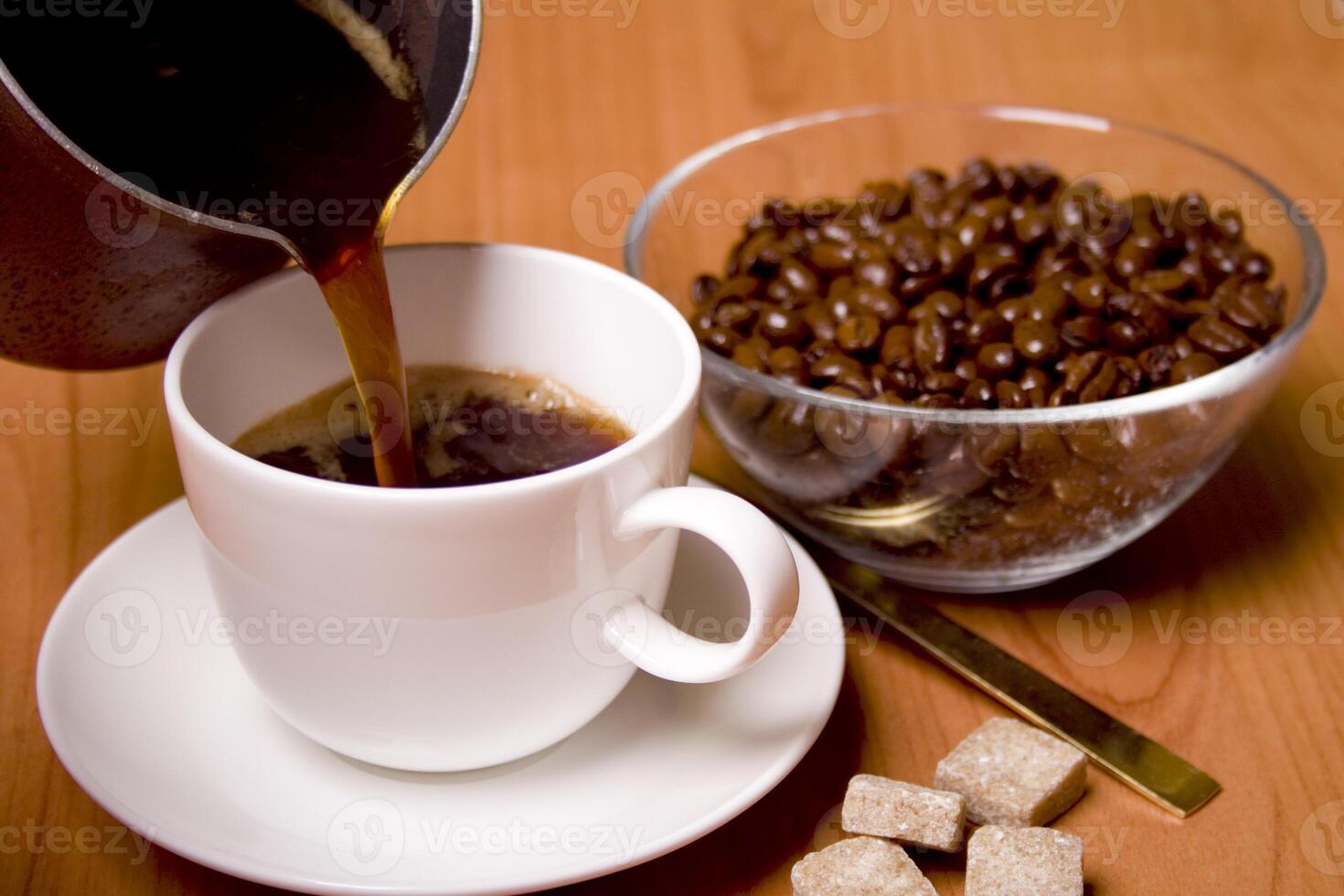 cup of coffee, sugar and beans photo