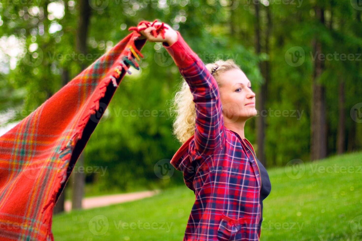 woman with red coverlet photo