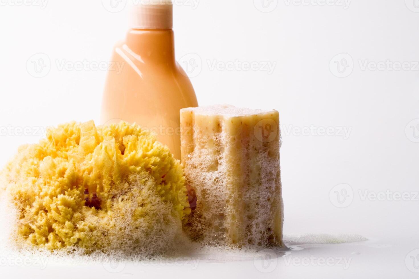 soap, natural sponge and shower gel photo