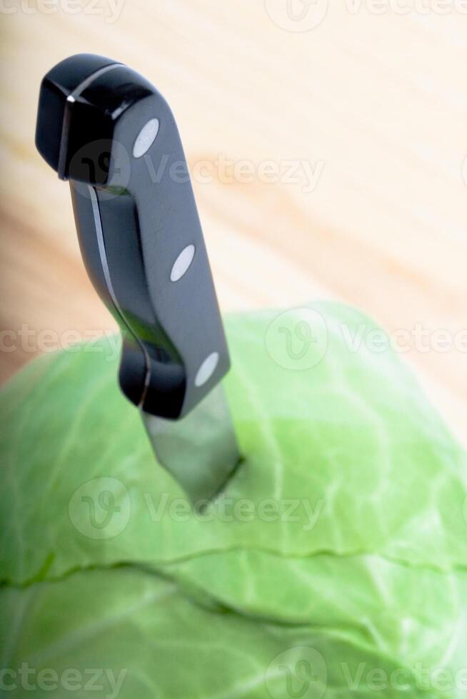 green cabbage with knife photo