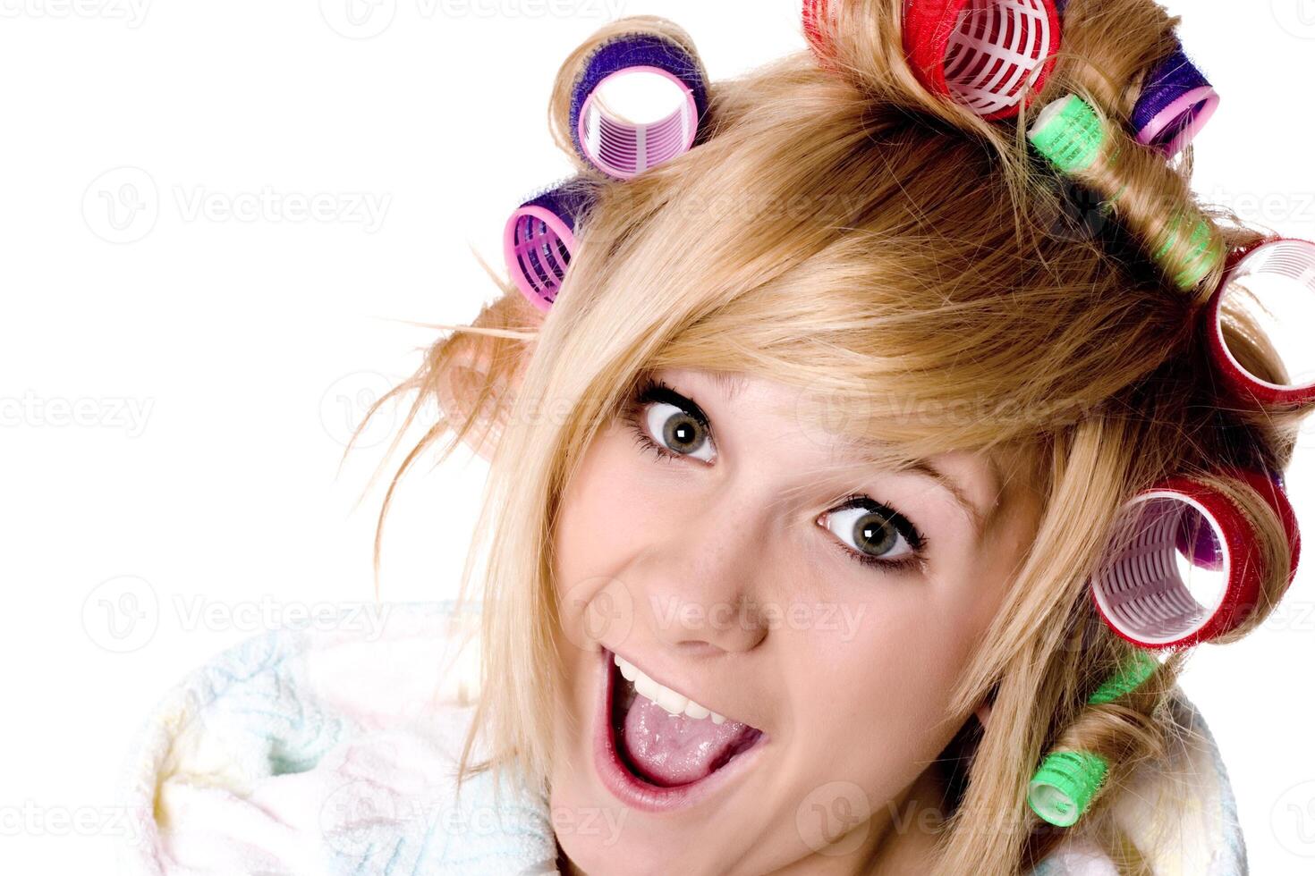 funny housewife with curlers photo