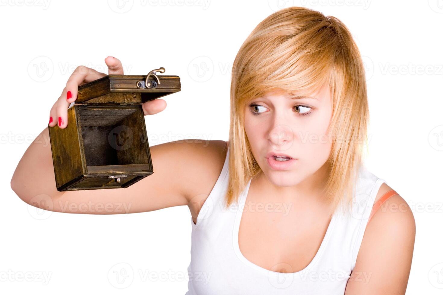 blond woman with empty wooden box photo