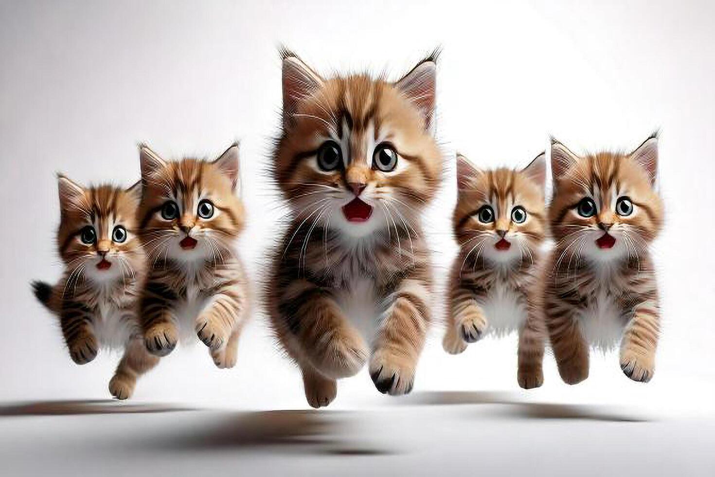 Five kittens running in a line with one looking up photo