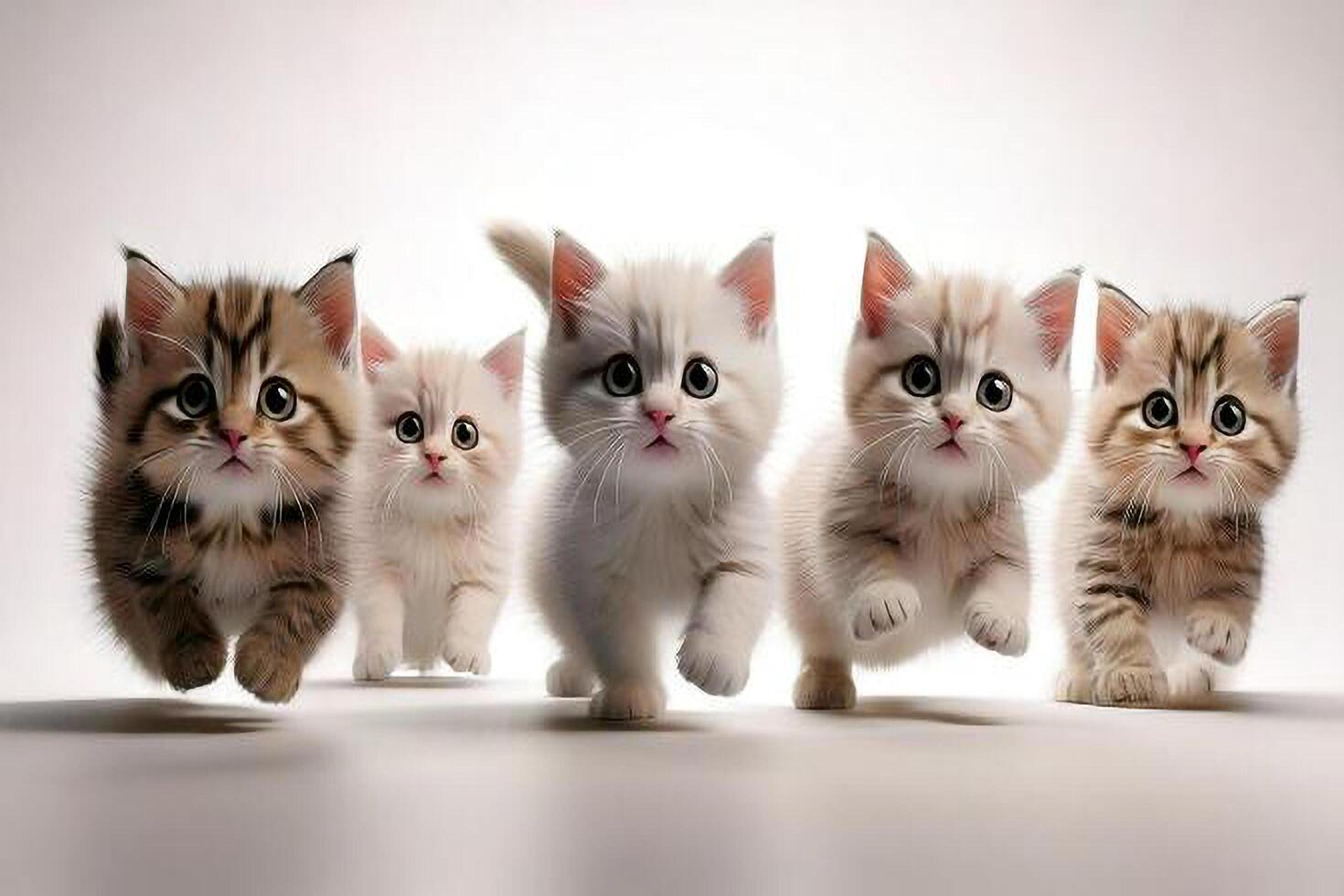 Five kittens running in a line on a white background photo