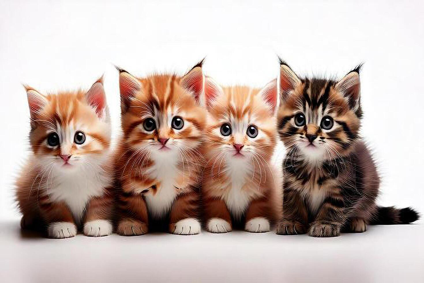 Four kittens sitting in a row on a white background photo