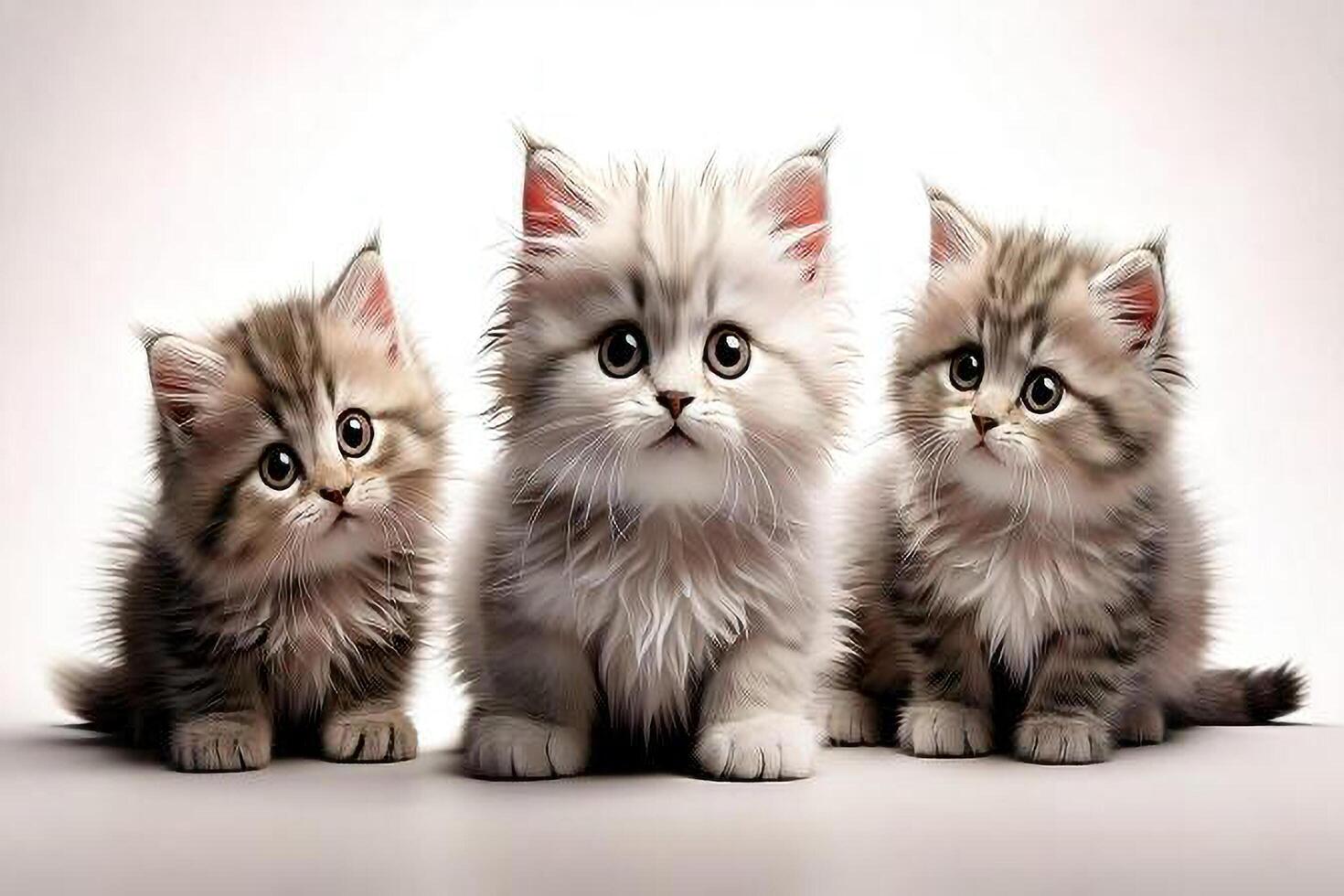 Three kittens sitting together on a white background photo