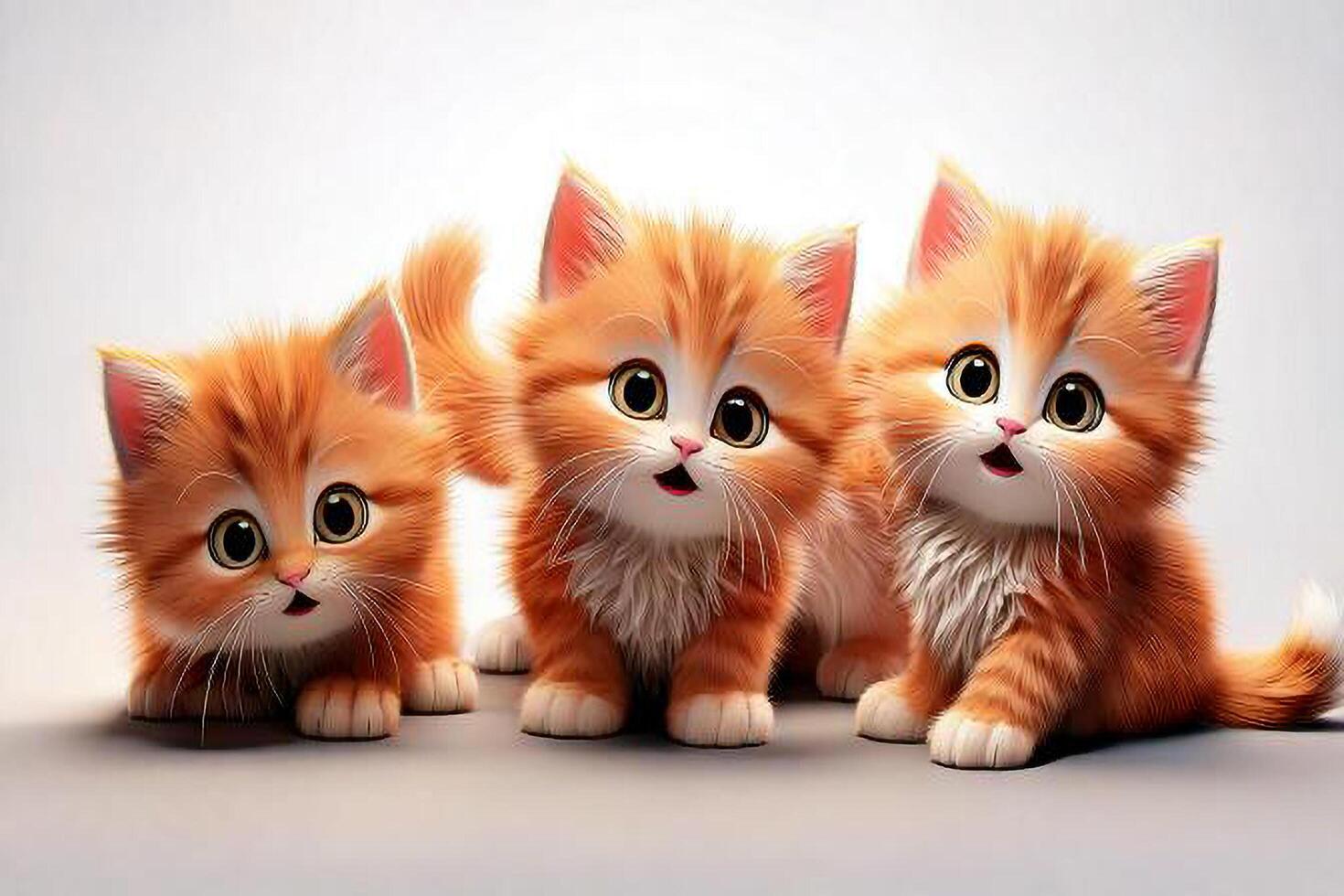 Three orange kittens sitting together on a white background photo