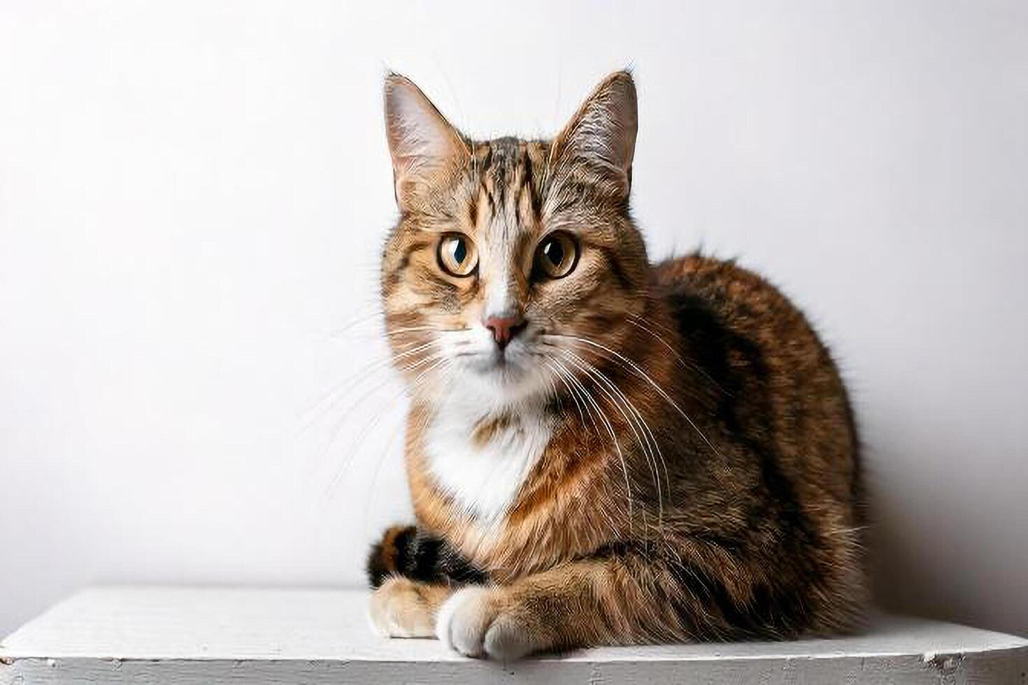 A cat sitting on top of a white table photo