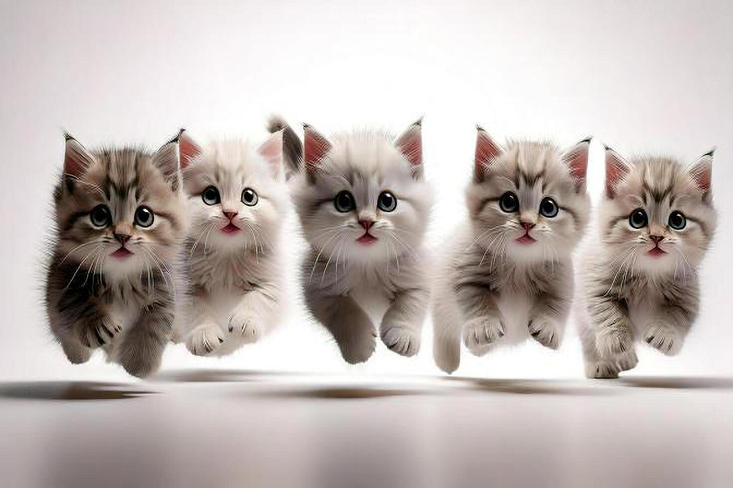 Five kittens running in a line on a white background photo