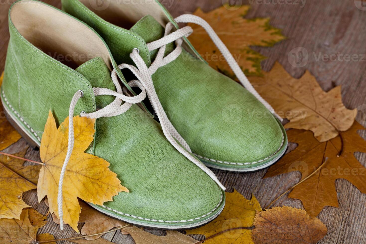 green leather boots and yellow leaves photo