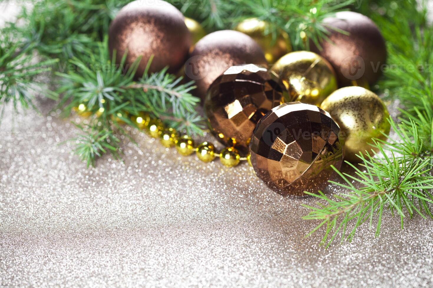 Christmas decorations and evergreen fir tree branch. photo