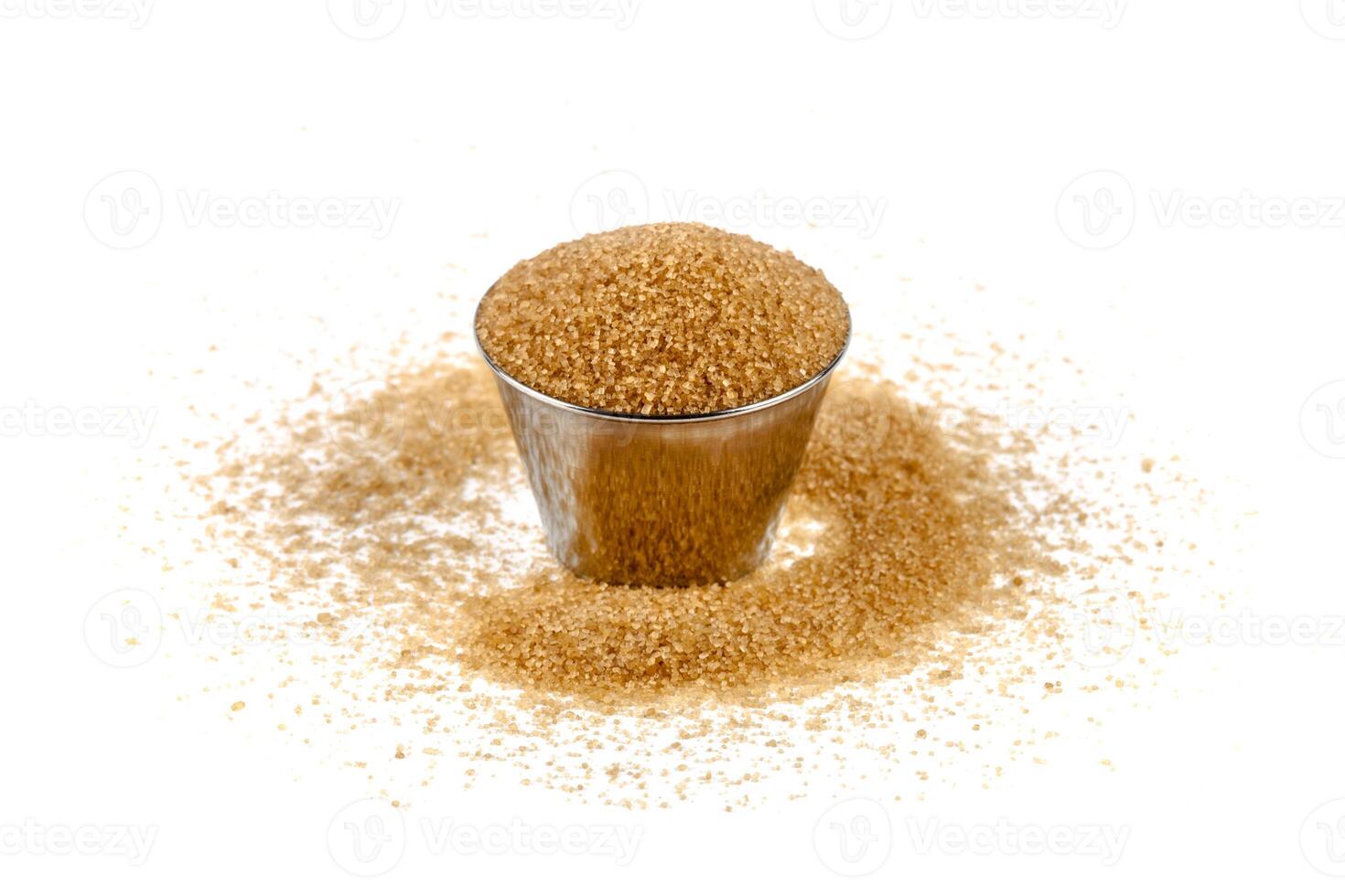 Brown cane sugar in metal bowl isolated on white background. photo