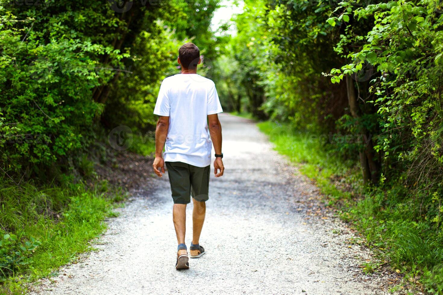 Man walking on path in summer green park. Peaceful atmosphere. Rest from loud city. photo