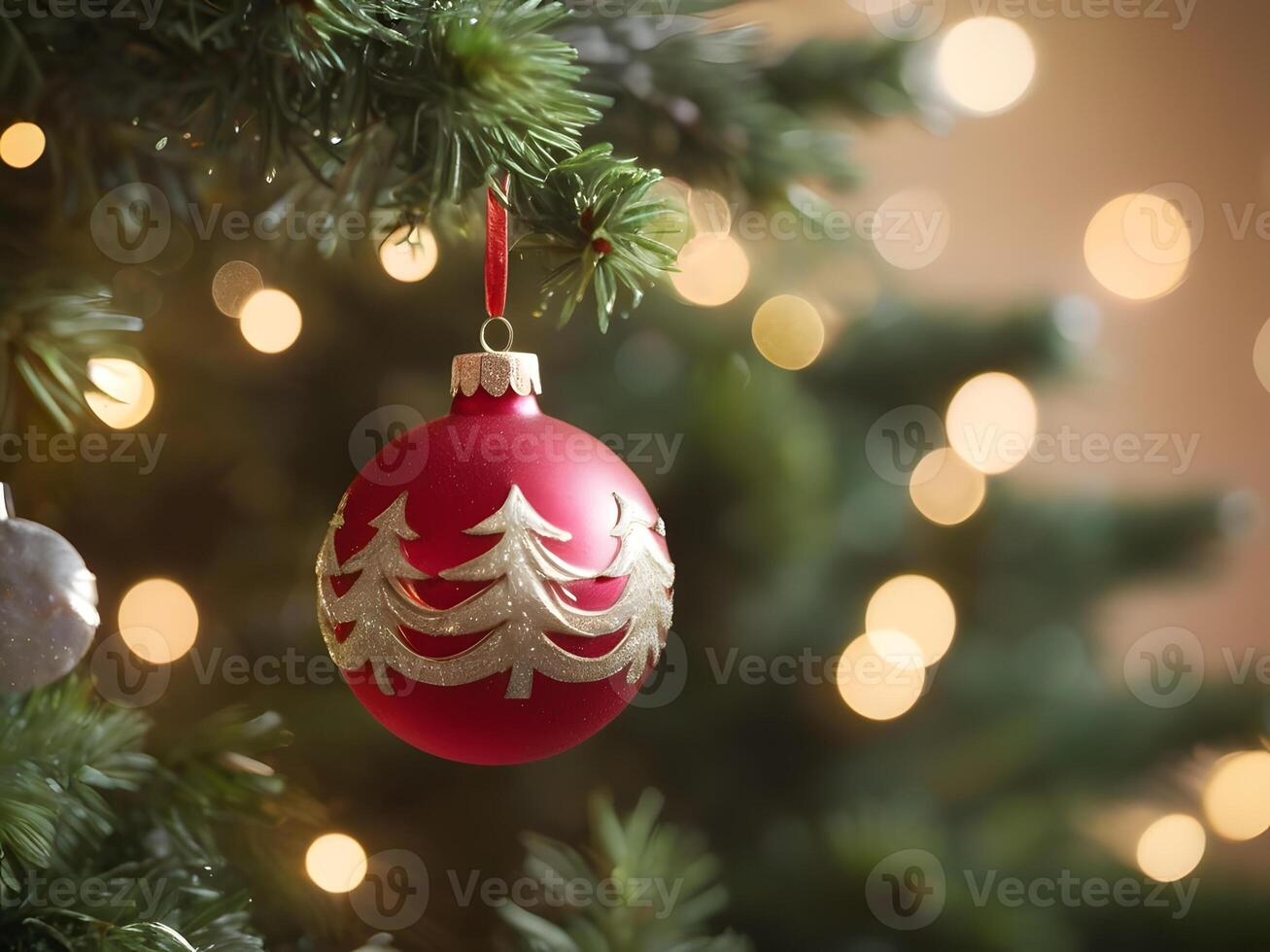 A red and gold christmas ornament is hanging from a tree photo