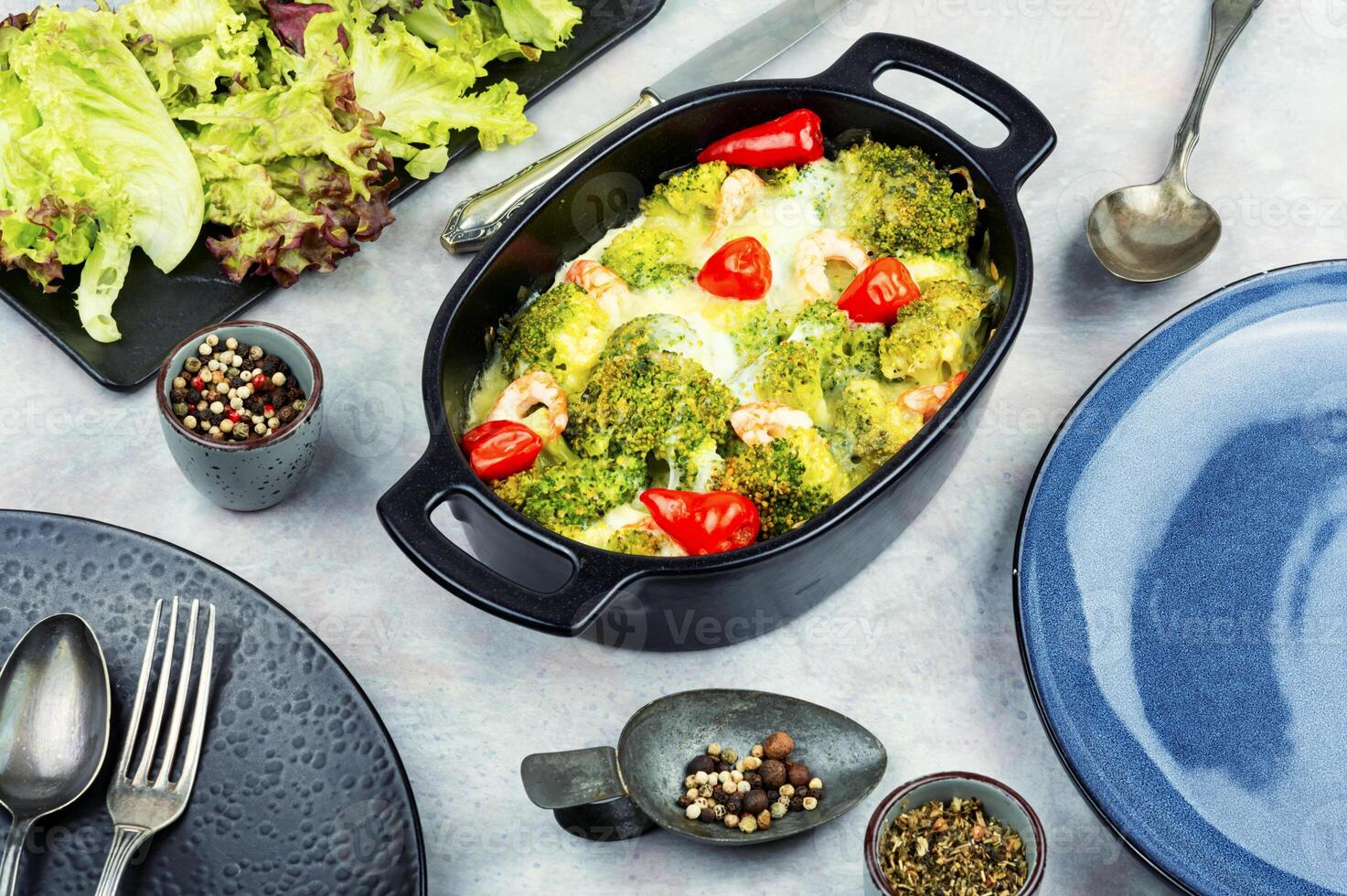 Baked broccoli with shrimp. photo