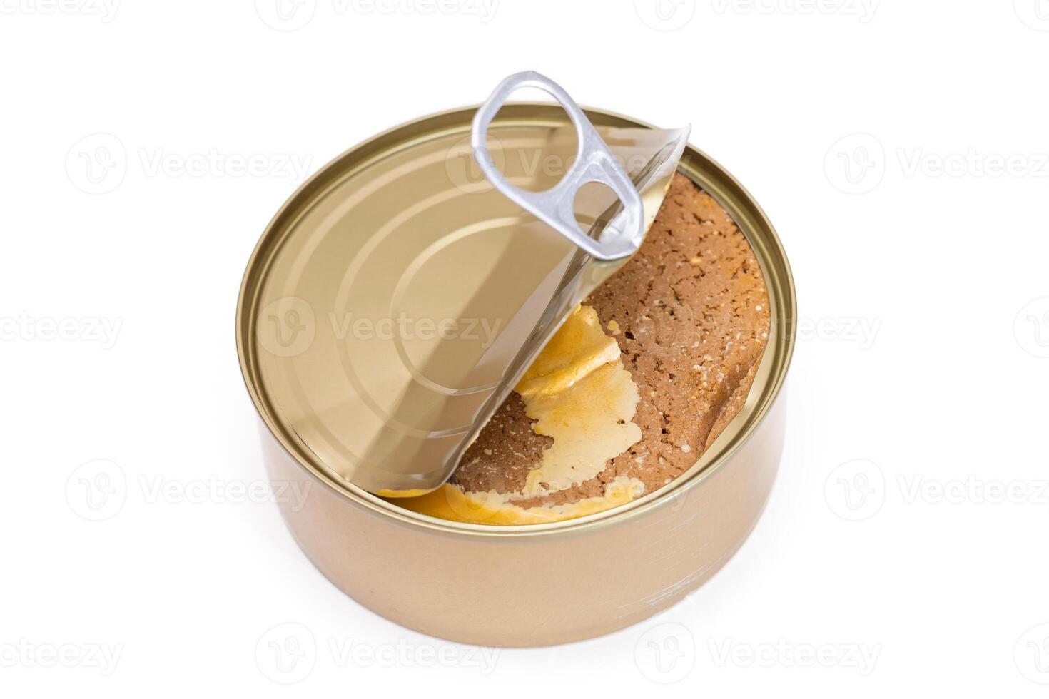 Opened Tin Can with Chicken Liver Pate Isolated on White Background. Open Canned Pate - Isolation photo
