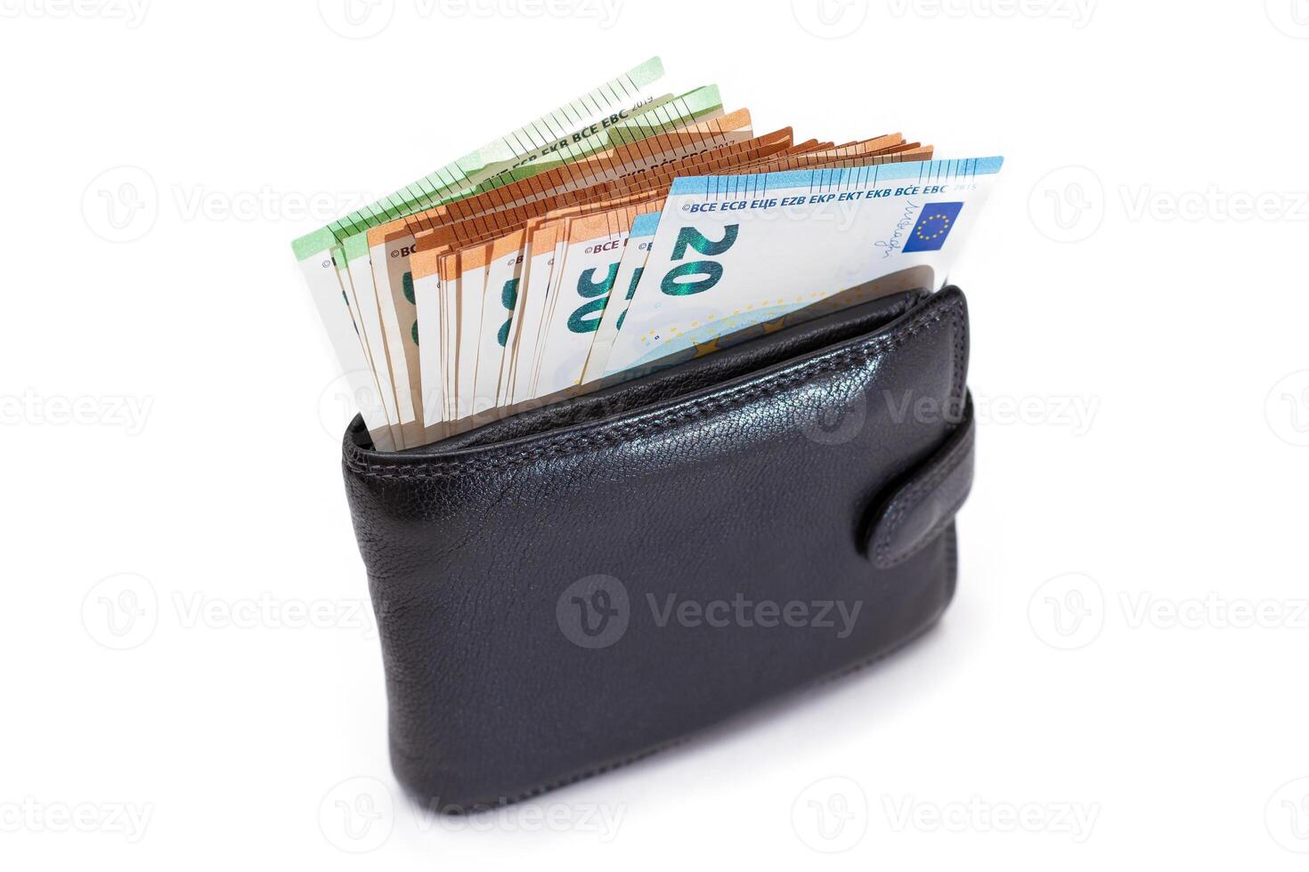 Black Leather Men Wallet with Euro Banknotes Inside - Isolated on White Background. A Purse Full of Money Symbolizing Wealth, Success and Social Status - Isolation photo