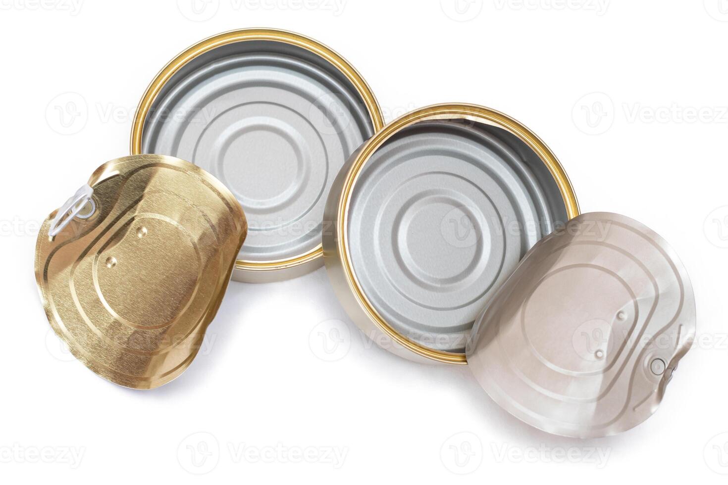 Two Opened Empty Tin Cans With Broken Cover Isolated on White Background. Clean Used Aluminum Cans - Isolation. Non-Degradable Inorganic Waste photo