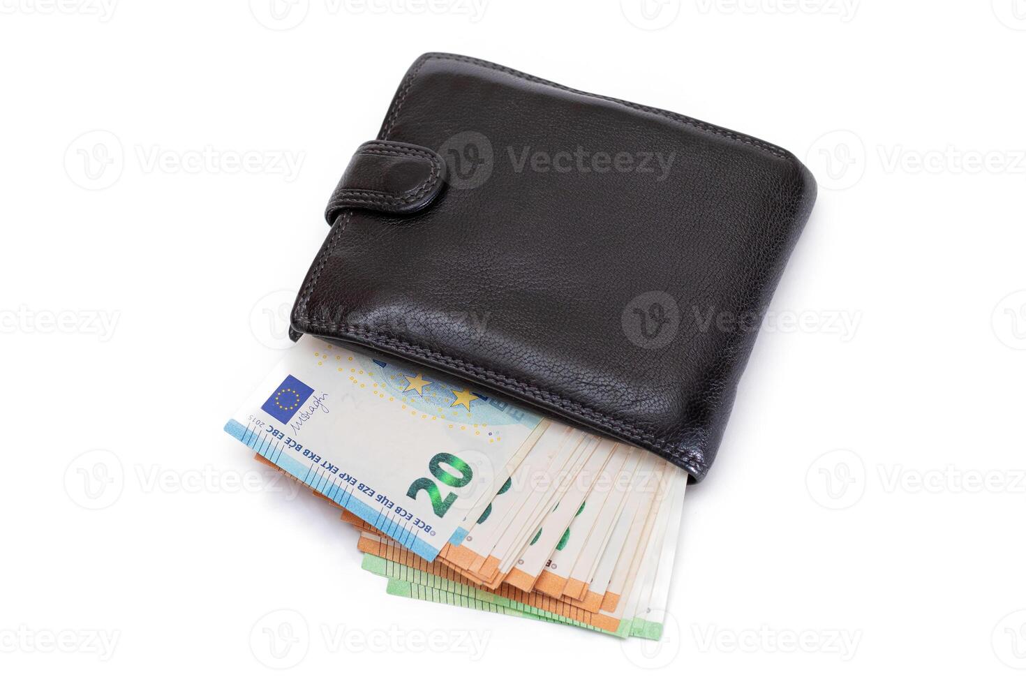 Black Leather Men Wallet with Euro Banknotes Inside - Isolated on White Background. A Purse Full of Money Symbolizing Wealth, Success and Social Status - Isolation photo
