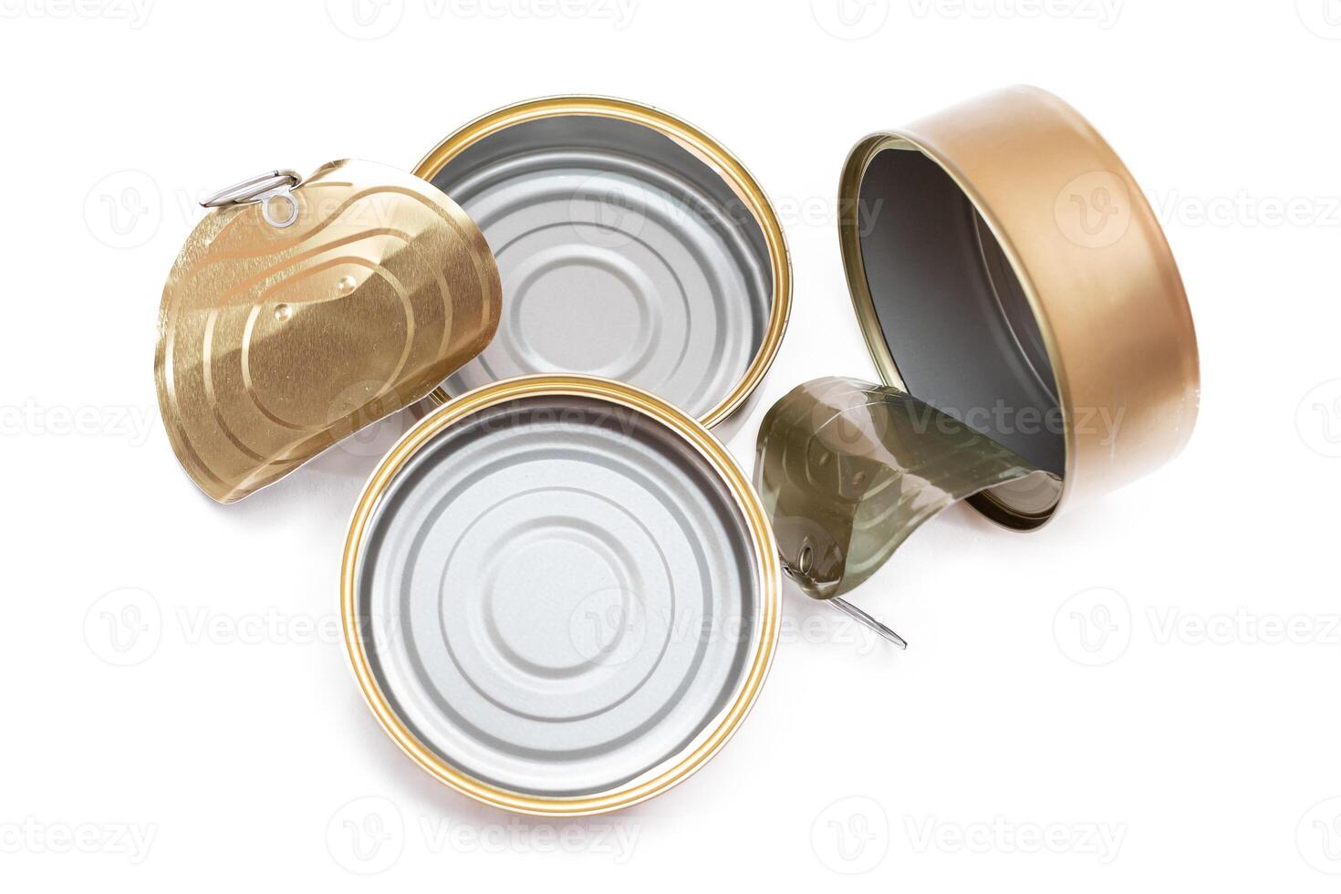 Three Opened Empty Tin Cans with Broken Cover Isolated on White Background. Clean Used Aluminum Cans - Isolation. Non-Degradable Inorganic Waste photo