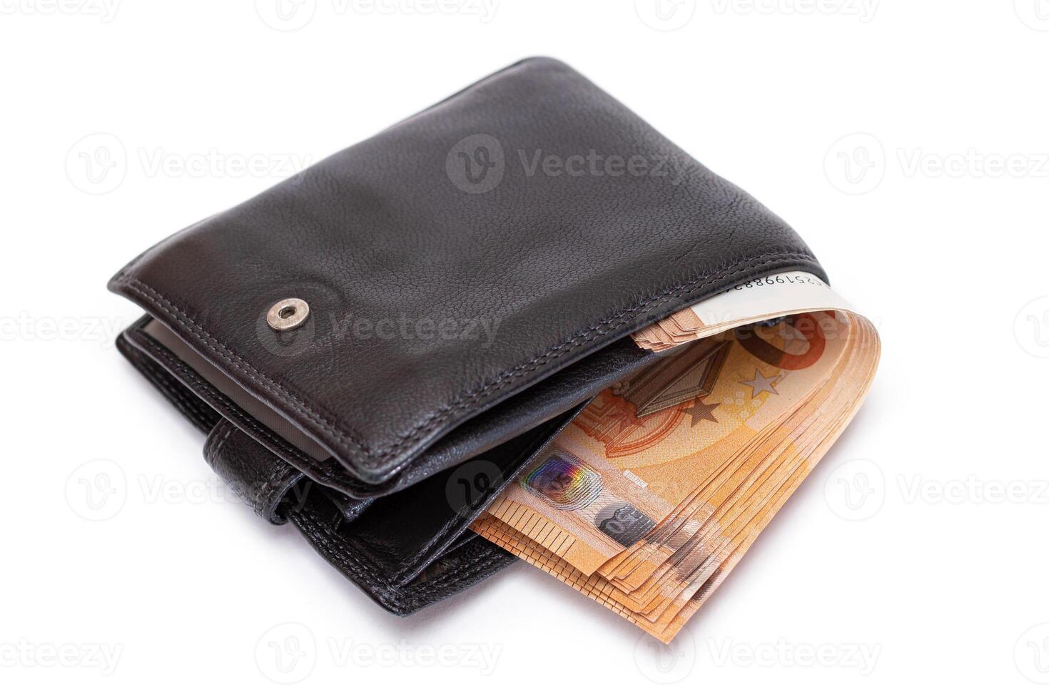 Black Leather Men Wallet with Fifty Euro Banknotes Inside - Isolated on White Background. A Purse Full of Money Symbolizing Wealth, Success and Social Status - Isolation photo