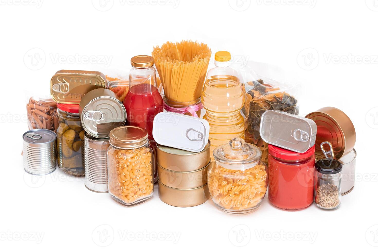 Food Reserves. Canned Food, Spaghetti, Tomato Juice, Pasta and Grocery - Isolated on White Background. Emergency Food Storage in Case of Crisis. Strategic Food Supplies - Isolation photo