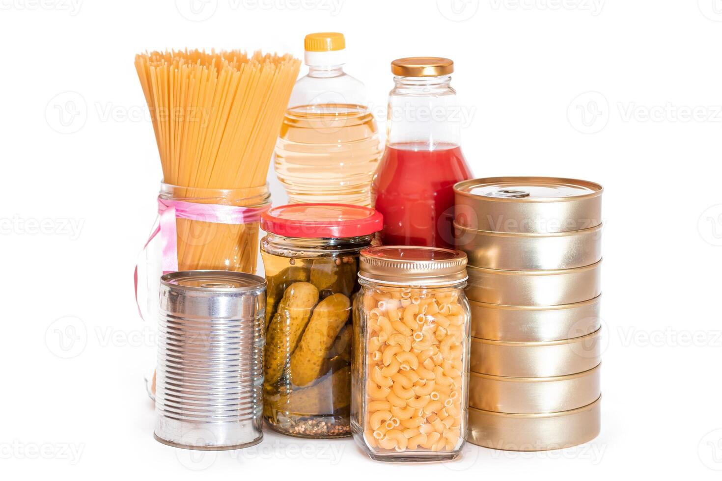 Food Reserves. Canned Food, Spaghetti, Pate, Tuna, Tomato Juice, Pasta, Fish and Grocery - Isolated on White Background. Emergency Food Storage in Case of Crisis. Strategic Food Supplies - Isolation photo