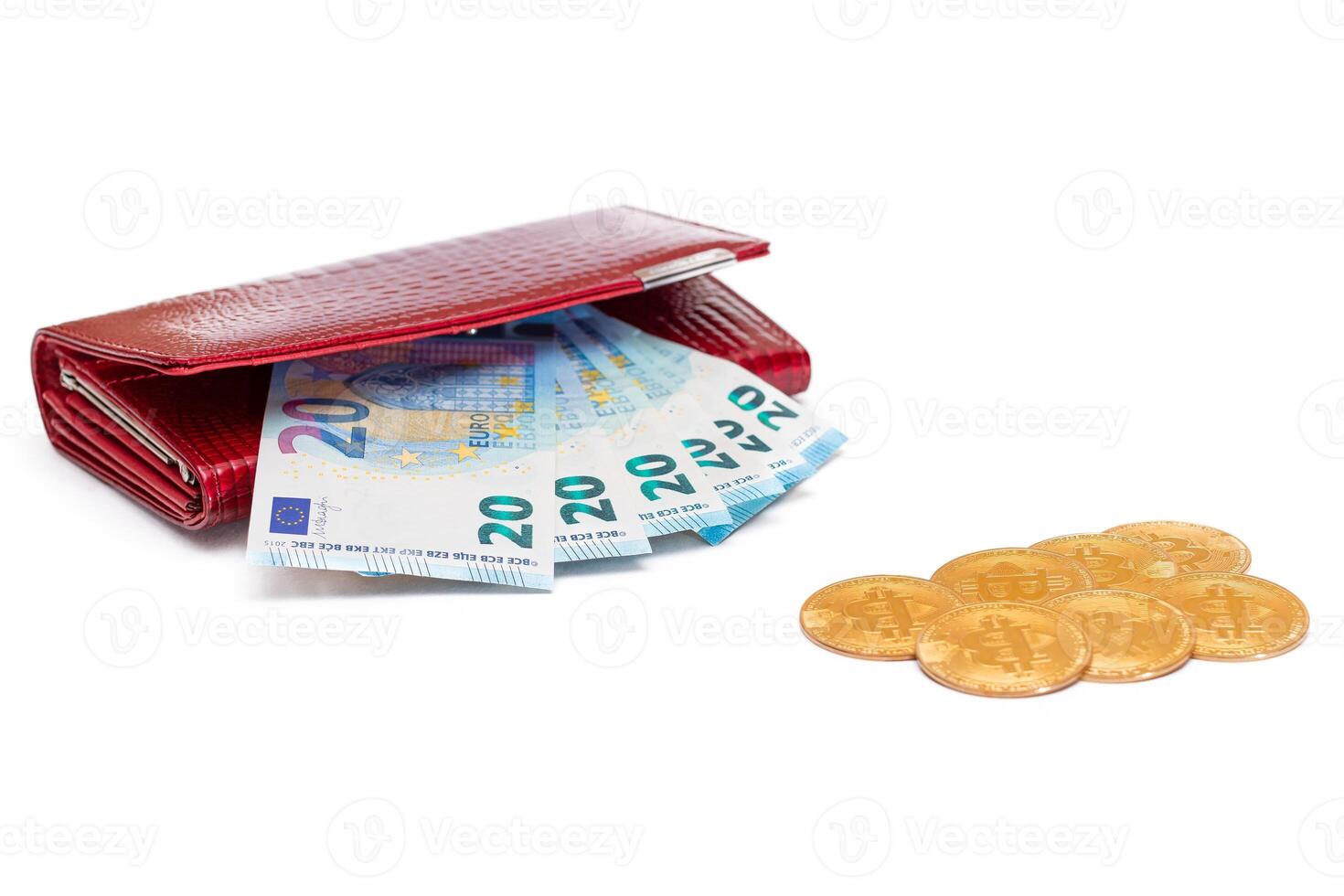 Red Leather Women Purse with Twenty Euro Banknotes and Bitcoin Coins - Isolated on White Background. A Wallet Full of European Union Paper Money Symbolizing Wealth and Success - Isolation photo