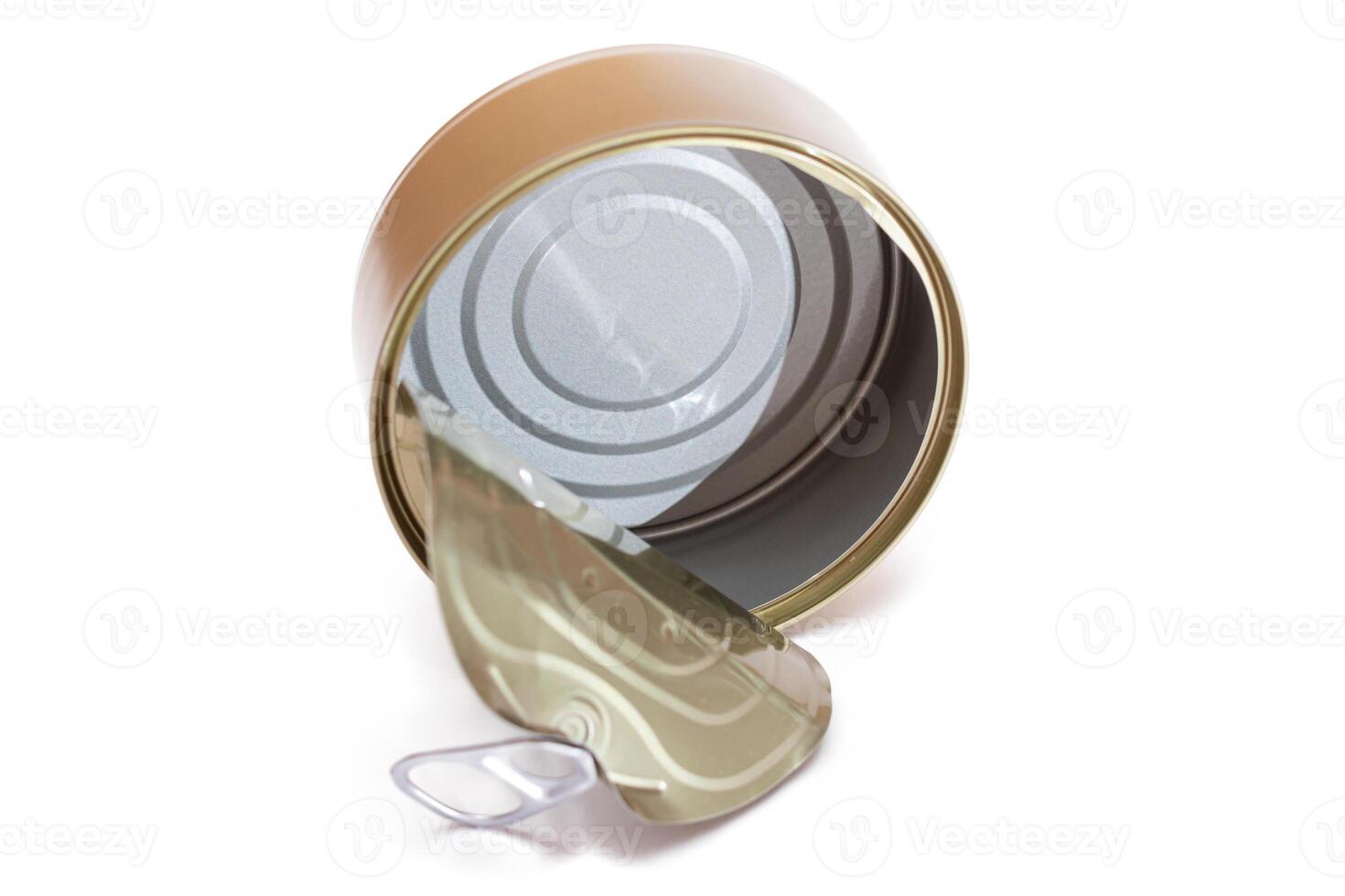 Opened Empty Tin Can Isolated on White Background. Clean Used Aluminum Can - Isolation. Non-Degradable Inorganic Waste photo