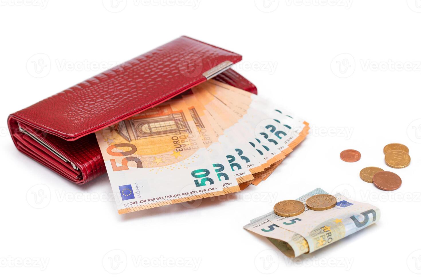 Red Leather Women Purse with Different Euro Banknotes and Euro Cent Coins - Isolated on White Background. A Wallet Full of European Union Paper Money Symbolizing Wealth and Success - Isolation photo