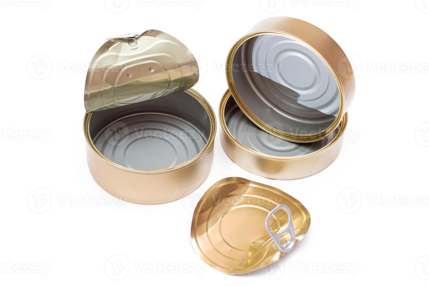 Two Opened Empty Tin Cans With Broken Cover Isolated on White Background. Clean Used Aluminum Cans - Isolation. Non-Degradable Inorganic Waste photo