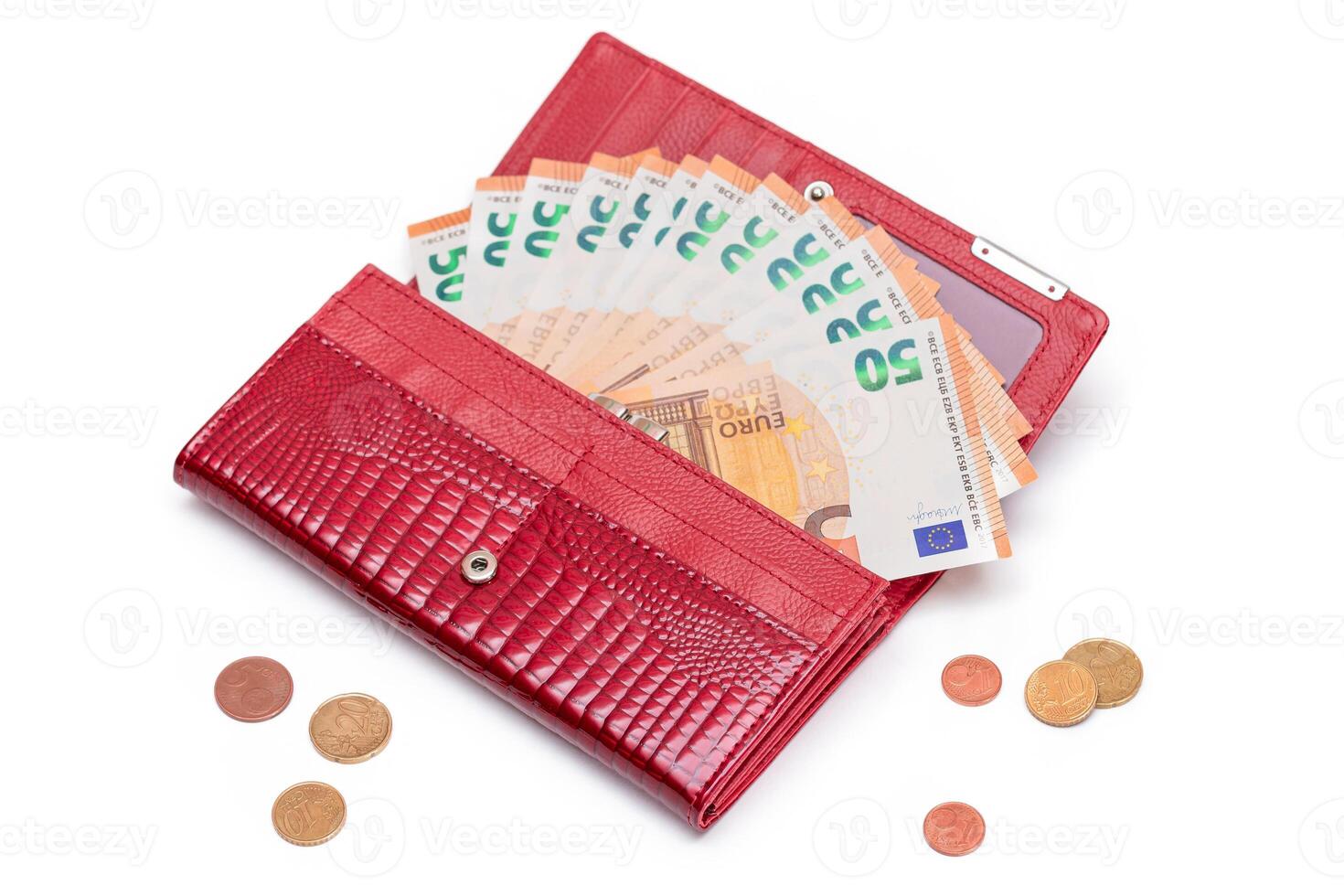 Opened Red Women Purse with 50 Euro Banknotes Inside and Scattered Euro Cent Coins - Isolated on White Background. A Wallet Full of Money Symbolizing Wealth, Success, Shopping and Social Status - Isolation photo
